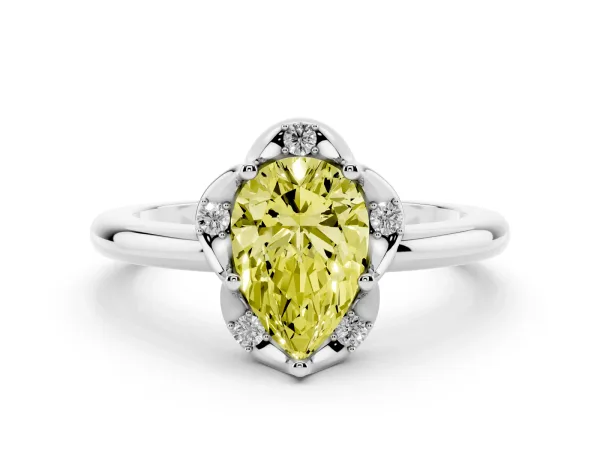 Fancy Yellow Pear Cut Halo Diamond Ring with Round Cluster Setting, Solitaire Band, and Four-Prong Setting White gold