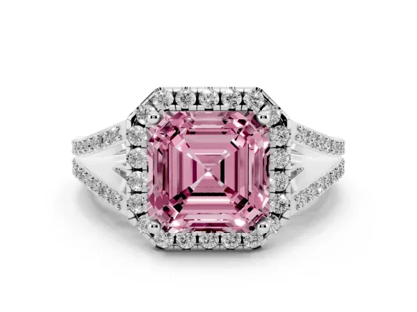 Fancy Pink Asscher Cut Halo Split Shank Diamond Ring with Prong Setting White gold