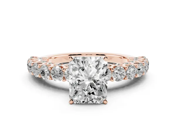 Radiant Cut Diamond Solitaire Ring with Shared Prong Pavé Band and Four-Prong Setting Rose gold