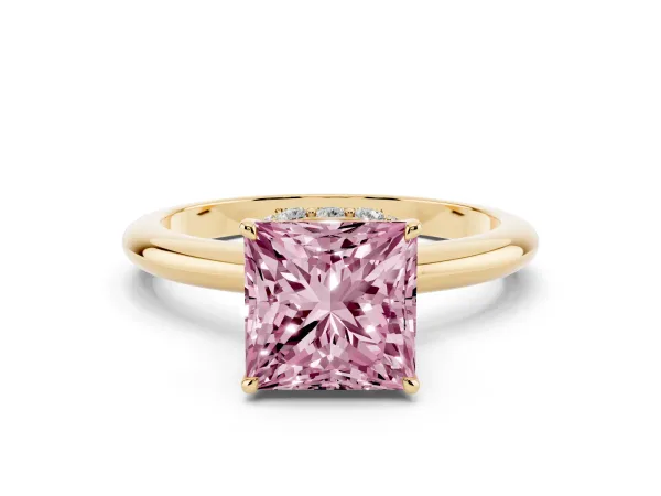 Fancy Pink Princess Cut Brilliant Solitaire Engagement Ring with Six-Prong Setting and Classic Band Yellow gold