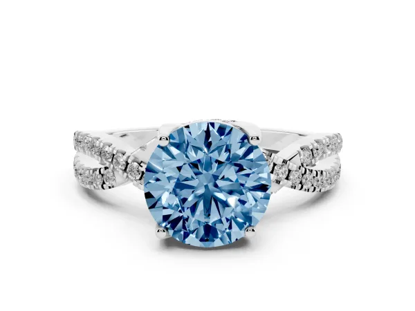 Fancy Blue Round Cut Solitaire Twist Pave Diamond Engagement Ring with Prong Setting Platinum