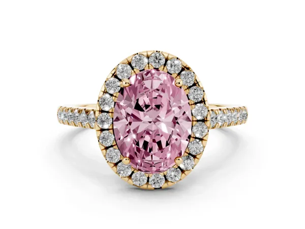 Fancy Pink Oval Cut Halo Pavé Diamond Engagement Ring with Four-Prong Setting Yellow gold