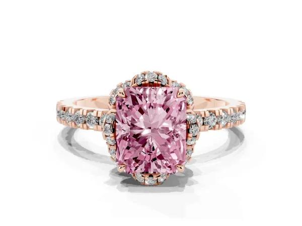 Fancy Pink Radiant Cut Diamond Halo Pave Band with Four-Prong Setting Rose gold