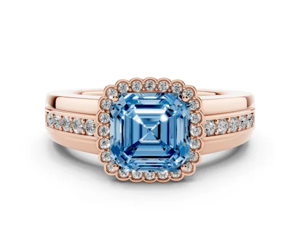 Fancy Blue Asscher Cut Cut Halo Pave Band Four-Prong Ring Rose gold