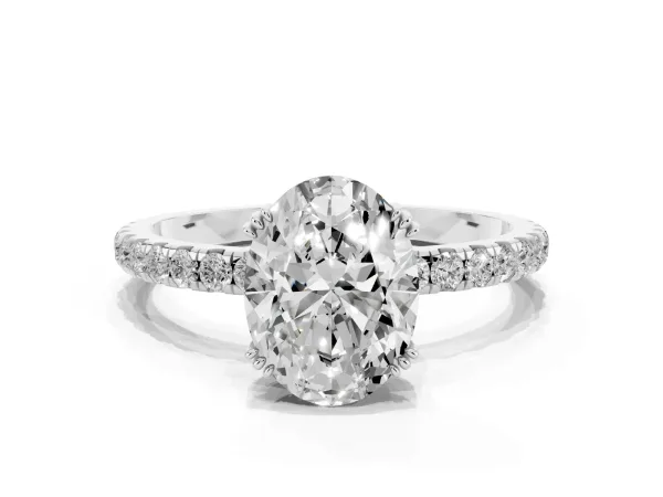 Oval Cut Brilliant Solitaire with Pavé Band and Claw Prong Setting White gold