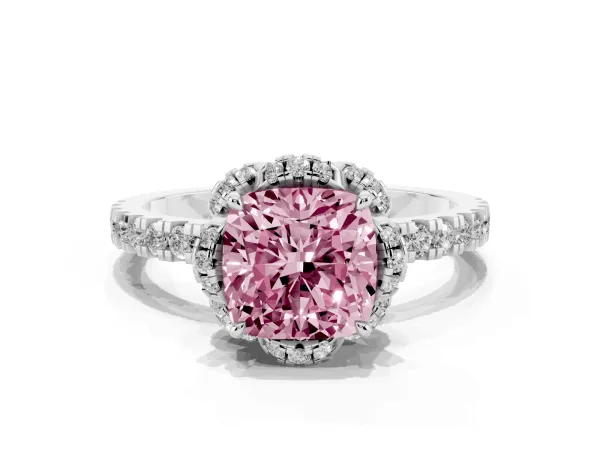 Fancy Pink Cushion Cut Halo Diamond Pave Band Ring with Four-Prong Setting Platinum