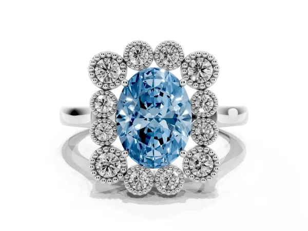 Fancy Blue Oval Cut Halo Diamond Cluster Engagement Ring with Milgrain Bezel Setting and Solitaire Band White gold