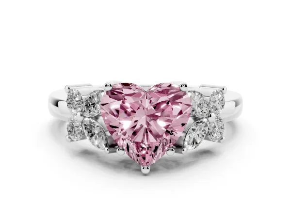 Fancy Pink Heart Cut Diamond Floral Cluster Ring with Solitaire Band and Prong Setting Platinum