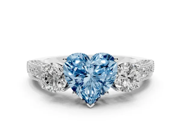 Fancy Blue Heart Cut Three-Stone Diamond Ring with Pavé Band and Four-Prong Setting Platinum