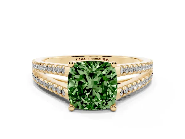 Fancy Green Cushion Cut Diamond Solitaire Engagement Ring with Split Shank Pavé Band Yellow gold
