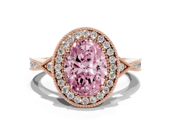 Fancy Pink Oval Cut Halo Round Diamond Milgrain Pave Engagement Ring Rose gold