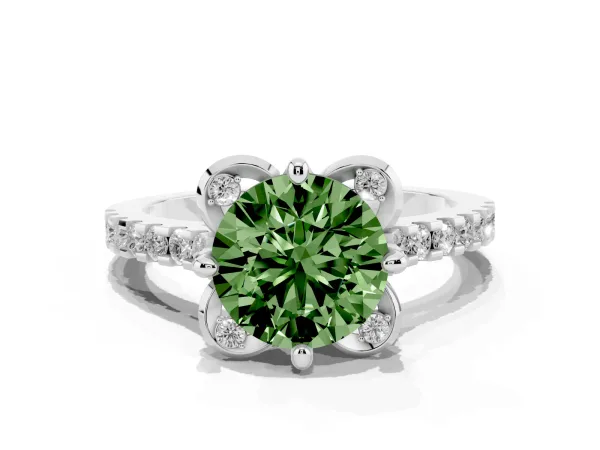 Fancy Green Round Cut Diamond Ring with Pavé Band and Floral Prong Setting White gold
