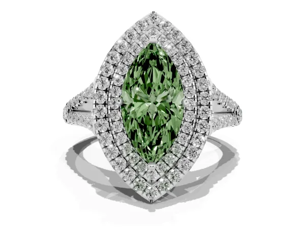 Fancy Green Marquise Cut Diamond Double Halo Ring with Pavé Band and Prong Setting White gold