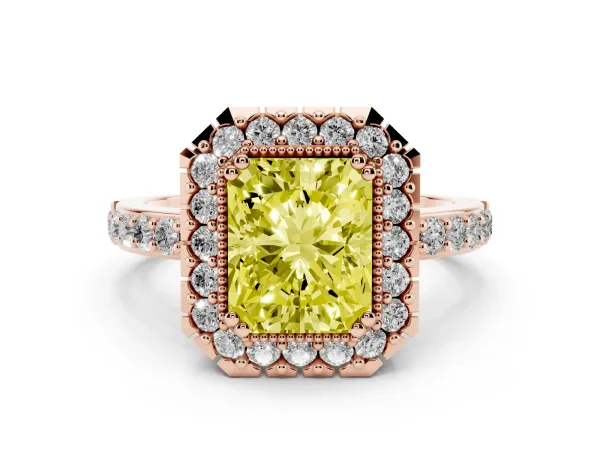Fancy Yellow Radiant Cut Diamond Halo Ring with Pavé Band and Prong Setting Rose gold