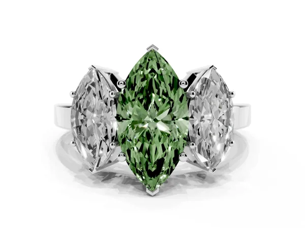 Fancy Green Three-Stone Marquise Cut Cut Diamond Engagement Ring with Flat Band and Four-Prong Setting White gold