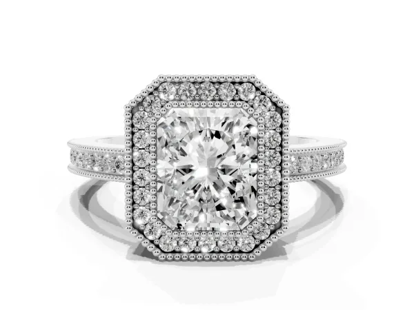 Radiant Cut Cut Halo Diamond Ring with Pavé Band and Milgrain Prong Setting White gold