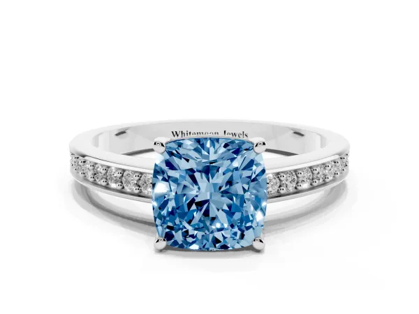Fancy Blue Cushion Cut Solitaire Pavé Band Prong Setting Ring Platinum