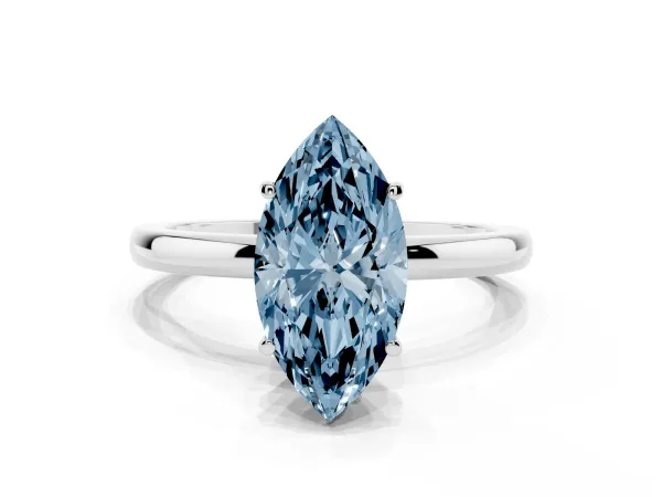 Fancy Blue Marquise Cut Solitaire Diamond Ring with Prong Setting and Plain Band Platinum