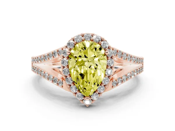 Fancy Yellow Pear Cut Halo Split Shank Diamond Ring with Prong Setting Rose gold