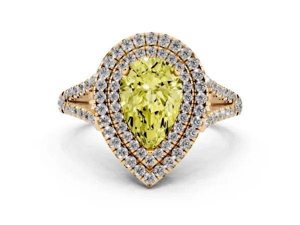 Fancy Yellow Pear Cut Diamond Double Halo Ring with Pavé Band and Prong Setting Yellow gold