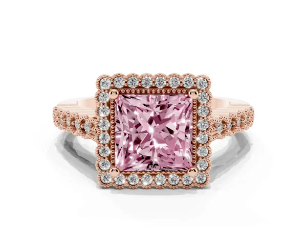 Fancy Pink Princess Cut Cut Halo Pavé Solitaire Ring with Milgrain Band Rose gold
