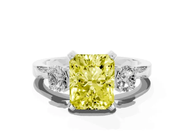 Fancy Yellow Radiant Cut Brilliant Three-Stone Diamond Ring with Pavé Band and Four-Prong Setting Platinum
