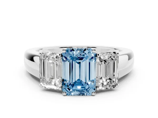 Fancy Blue Three-Stone Emerald Cut Cut Diamond Ring with Prong Setting and Classic Band Platinum