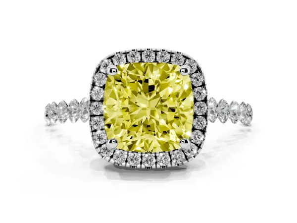 Fancy Yellow Cushion Cut Halo Pavé Diamond Engagement Ring with Four-Prong Setting White gold