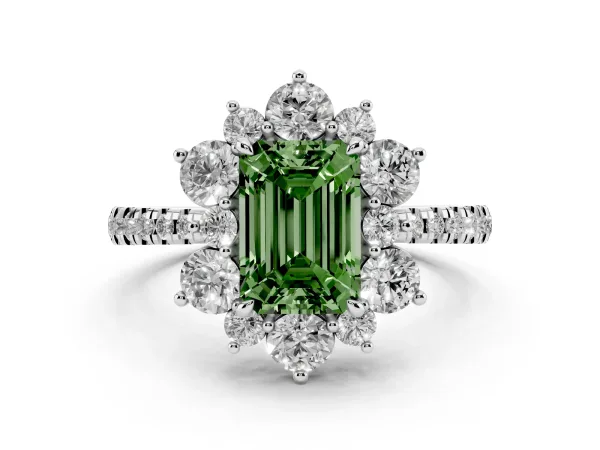 Fancy Green Emerald Cut Diamond Floral Halo Ring with Round Pavé Band and Prong Setting Platinum