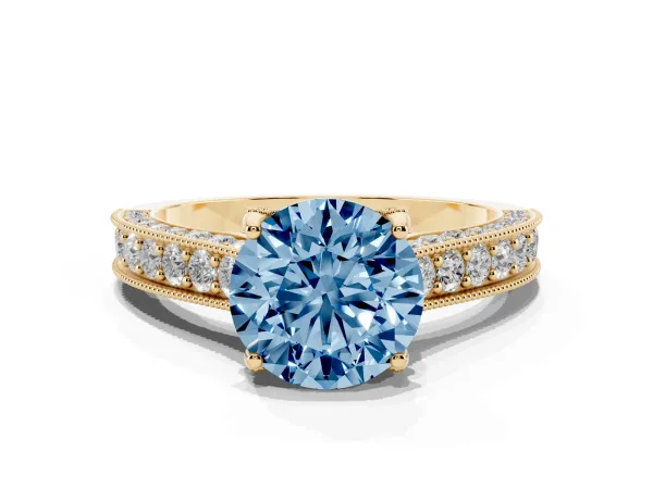 Fancy Blue Round Cut Cut Diamond Solitaire Ring with Milgrain Pave Band and Four Prong Setting Yellow gold