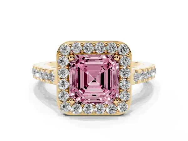 Fancy Pink Asscher Cut Diamond Halo Ring with Round Pavé Split Shank and Prong Setting Yellow gold