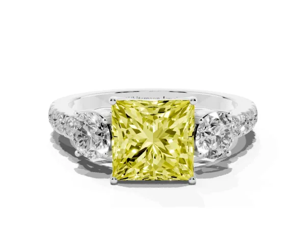 Fancy Yellow Princess Cut Cut Diamond Three-Stone Ring with Round Side Stones and Pavé Band Platinum
