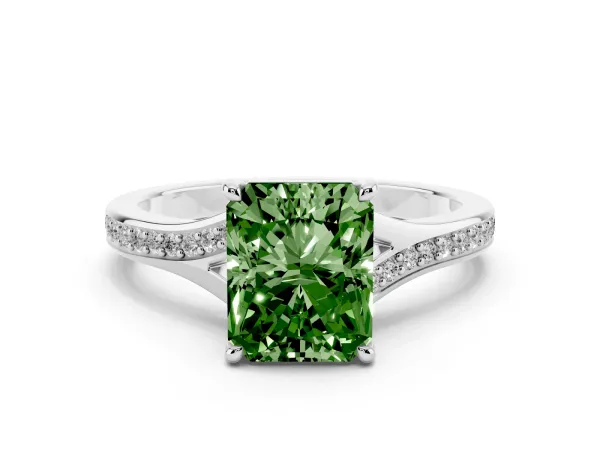 Fancy Green Radiant Cut Diamond Solitaire Ring with Pavé Band and Prong Setting White gold