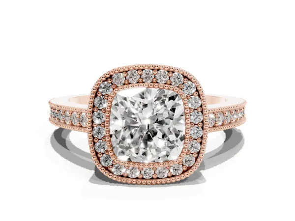 Cushion Cut-Cut Diamond Halo Engagement Ring with Pave Band and Prong Setting Rose gold