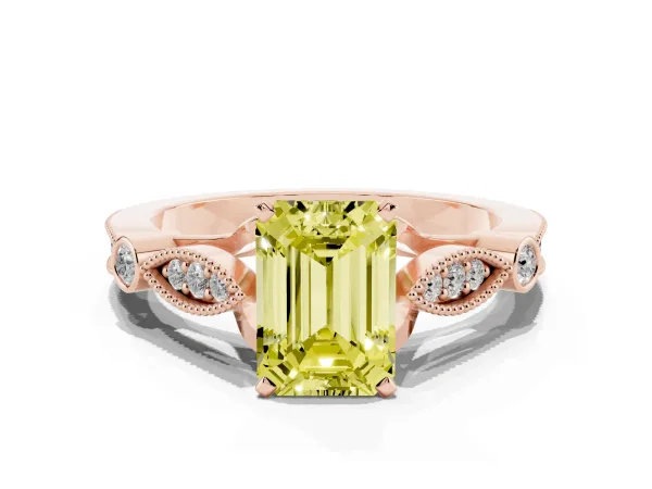 Fancy Yellow Emerald Cut Cut Diamond with Milgrain Marquise and Bezel Accents on a Solitaire Band with Prong Setting Rose gold