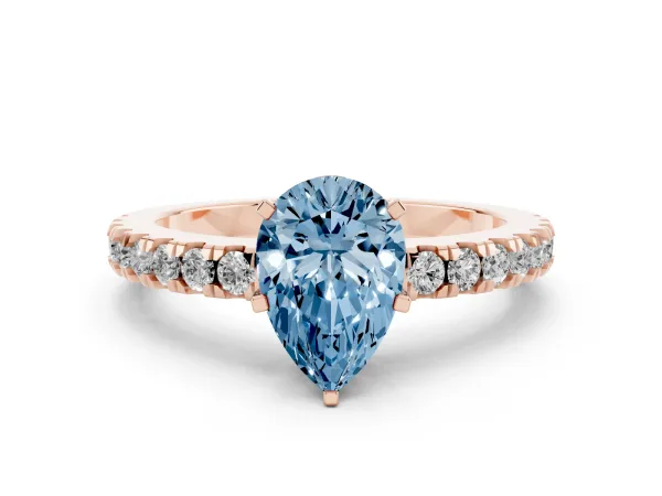 Fancy Blue Pear Cut Solitaire Diamond with Pavé Band and Four-Prong Setting Rose gold