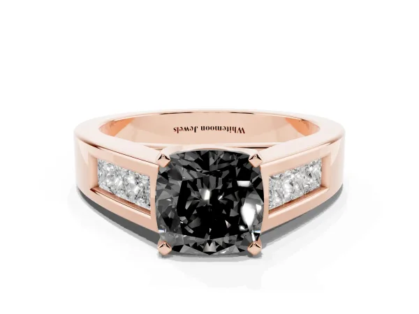 Fancy Black Cushion Cut Cut Channel Set Solitaire Ring with Four-Prong Setting Rose gold