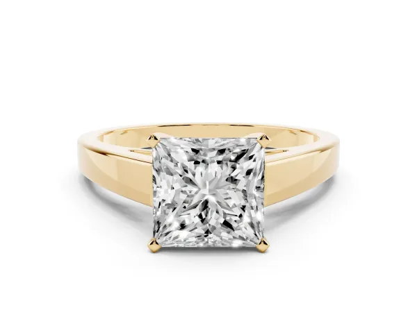 Princess Cut Solitaire Engagement Ring with Four-Prong Setting and Tapered Band Yellow gold