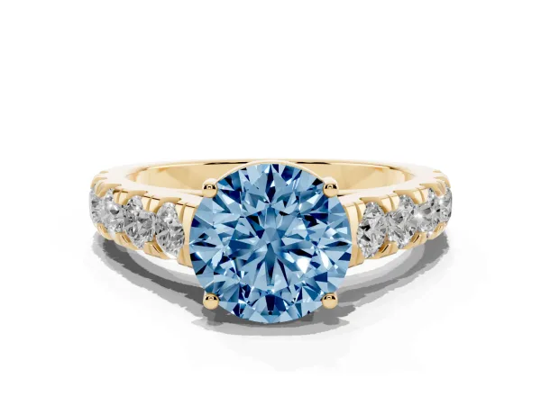 Fancy Blue Round Cut Cut Diamond Solitaire Ring with Micro Pave Band and Prong Setting Yellow gold
