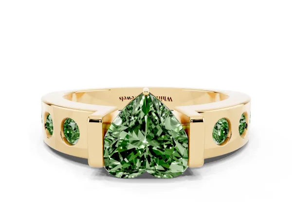 Fancy Green Heart Cut Brilliant Channel-Set Diamond Ring with Bezel Prong Setting Yellow gold