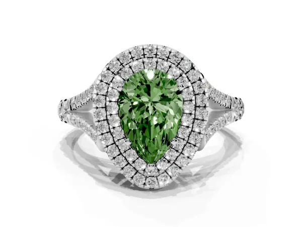 Fancy Green Pear Cut Diamond Pavé Split Shank Double Halo Engagement Ring White gold