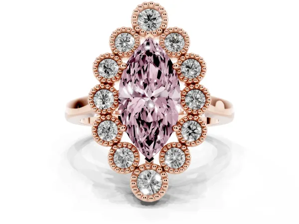 Fancy Pink Marquise Cut Halo Diamond Cluster Engagement Ring with Milgrain Bezel Setting and Solitaire Band Rose gold