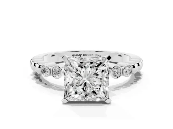 Princess Cut Solitaire Bezel Accent Diamond Engagement Ring with Beaded Band and Four-Prong Setting White gold