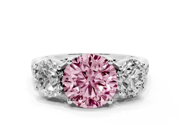 Fancy Pink Three-Stone Round Cut Diamond Pavé Band with Prong Setting Platinum