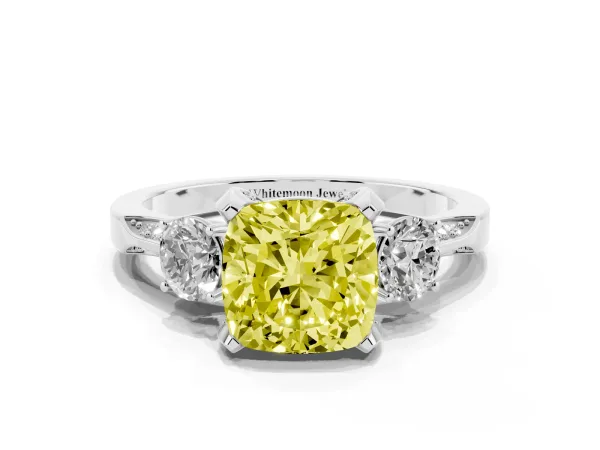 Fancy Yellow Cushion Cut Brilliant Three-Stone Diamond Ring with Pavé Band and Four-Prong Setting Platinum