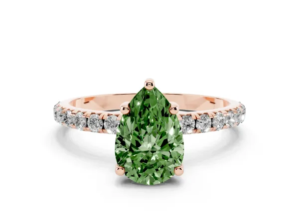 Fancy Green Pear Cut Cut Diamond Solitaire Ring with Micro Pave Band and Four Prong Setting Rose gold