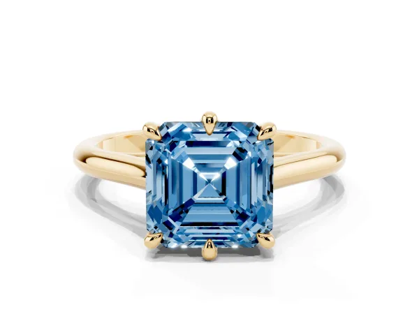 Fancy Blue Asscher Cut Solitaire Engagement Ring with Six-Prong Setting and Classic Band Yellow gold