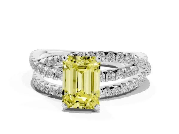 Fancy Yellow Emerald Cut Solitaire Twist Band with Pavé Setting and Four-Prong Setting White gold