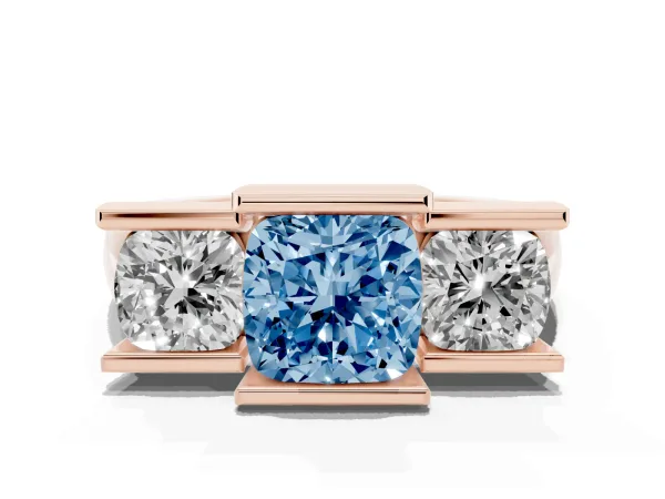 Fancy Blue Three Stone Cushion Cut Cut Channel Set Diamond Ring Rose gold