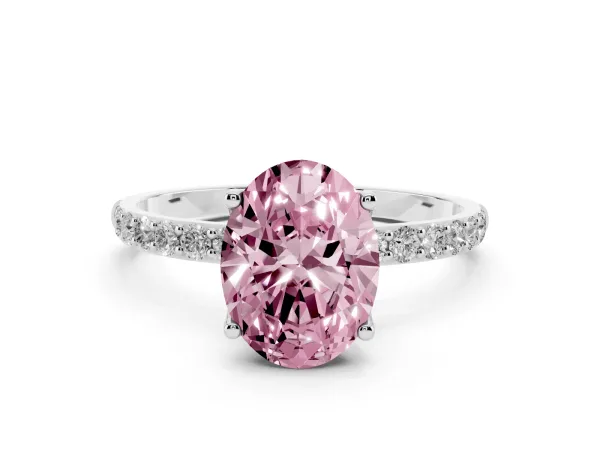 Fancy Pink Oval Cut Diamond Solitaire Engagement Ring with Round Pavé Band and Prong Setting White gold